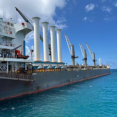 A Wind-Powered Mineral Carrier Docks in New Caledonia